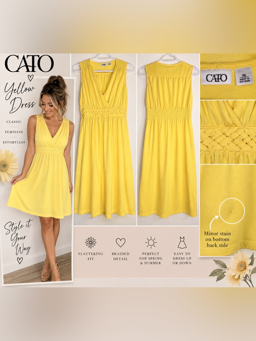 Cato Yellow V-Neck Sleeveless Braided-Waist Dress
